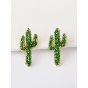 Crystal Cactus Stud Earrings, Green and Gold